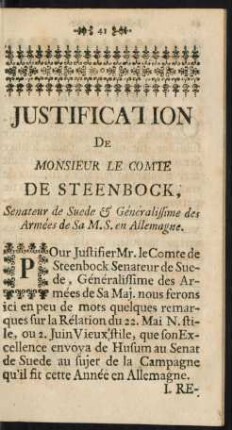 Justification de monsieur le Comte de Steenbock, [...]