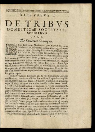 Discvrsvs I. De Tribvs Domesticae Societatis Speciebvs.