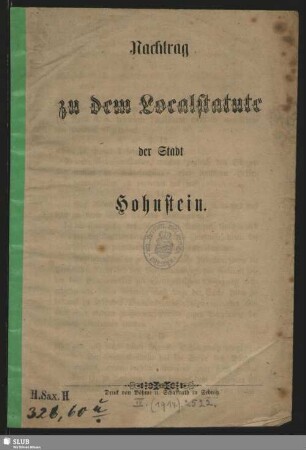 Nachtrag zu dem Localstatute der Stadt Hohnstein