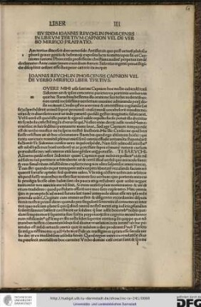 Eiusdem Ioannis Reuchlin Phorcensis in librum tertium Capnion vel de verbo mirifico praefatio.