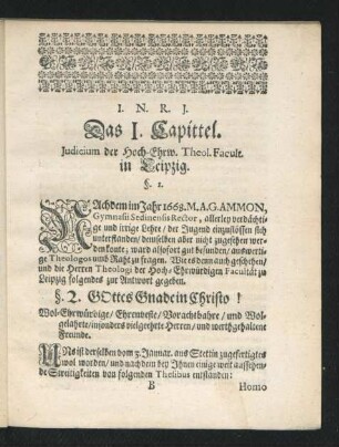Das I. Capittel. Iudicium der Hoch-Ehrw. Theol. Facult. in Leipzig.