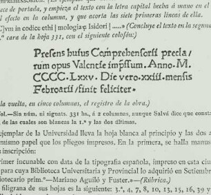 Inkunabel: Impressum Johannes grammaticus Hispanus :Comprehensorium Valencia (Lambert Palbart) In: Beiträge zur Inkunabelkunde, 3. Folge 3, Akademieverlag Berlin, 1067. Abb. 21