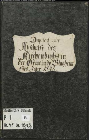Kirchenbuchduplikate der evangelischen Gemeinde Blasheim, Kreis Lübbecke (GHT 1848). (Gemeinde: Evangelische Gemeinde Blasheim, Kreis Lübbecke)