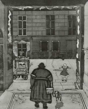 Der letzte Leierkastenmann : Körnig, Hans: Der letzte Leierkastenmann. 1959. Aquatintaradierung; 49 x 39,2 cm. Galerie Finckenstein, Angebotsausstellung "Hans Körnig - zum 90. Geburtstag", 17.08.-12.10.1995