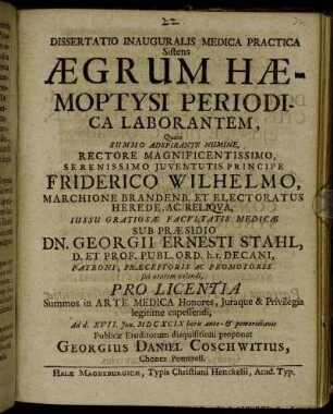 Dissertatio Inauguralis Medica Practica Sistens Aegrum Haemoptysi Periodica Laborantem
