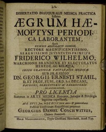 Dissertatio Inauguralis Medica Practica Sistens Aegrum Haemoptysi Periodica Laborantem