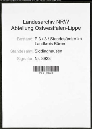 Sterberegister Standesamt Siddinghausen