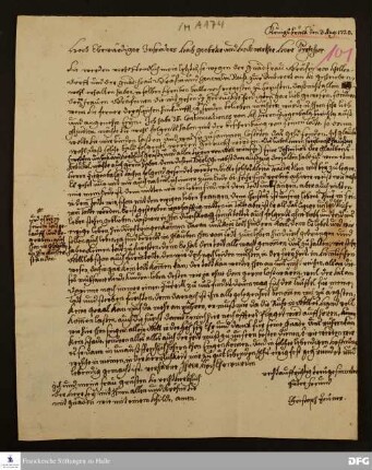 Brief von Christoph Zeuner an August Hermann Francke.