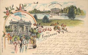 Postkartenalbum. "Gruss aus Karlsruhe". Malsch-Brunnen, Stadtgartensee mit Festhalle
