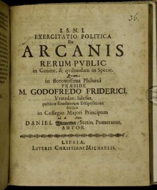 Exercitatio Politica De Arcanis Rerum-Public. in Genere, & quibusdam in Specie