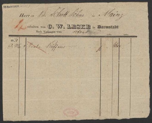 [Lieferschein] Herren B. Schott Söhne in Mainz erhalten [...] retour
