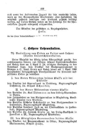 Verleihung von Orden an Leiter und Lehrer höherer Unterrichtsanstalten : [C. Höhere Lehranstalten]