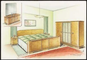 Schlafzimmer. Doppelbett mit zwei Nachtschränkchen, Schrank dreitürig, außen Holztüren, Mitte Glastür mit textilem Sichtschutz, Frisierkommode außen je eine Tür, Mitte drei Schieber, Spiegel dreiteilig, Deko