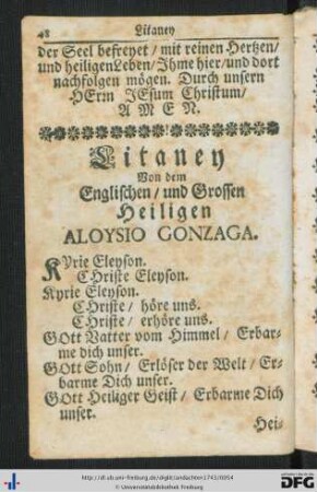 Litaney Von dem Englischen und Grossen Heiligen Aloysio Gonzaga.