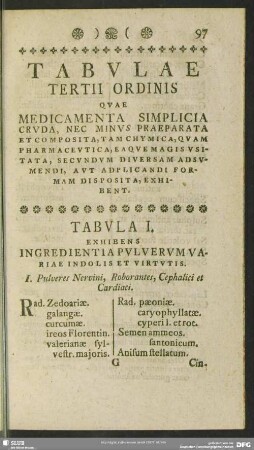 Tabulae Tertii Ordinis Quae Medicamenta Simplicia Cruda, Nec Minus Praeparata Et Composita, Tam Chymica, Quam Pharmaceutica, Eaque Magis Usitata, Secundum Diversam Adsumendi, Aut Adplicandi Formam Disposita, Exhibent