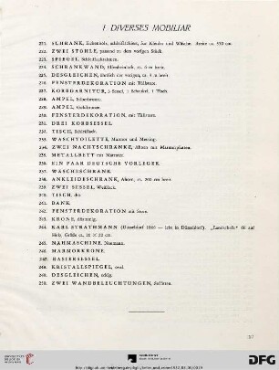 I. Diverses Mobiliar (Nr. 221-250)