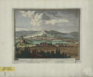 Ansicht von Tunis, Kupferstich, 1702 : Tunis : een sterke verblyfplaets der zeeroveren aen de Middellantsche zee, aen het meer Goulette, niet verre van de overblyfselen van Kartago ; C.P. = Thunis / Pet. Schenk. - Amsteld[ami] , [ca. 1702]. - 1 Kunstbl. : col. Kupferst. ; Plattengr. 27 x 22 cm +++ Auch enth. in: Petri Schenkii Hecatompolis sive totius orbis terrarum oppida nobiliora centum