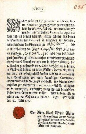 Mahnung der Reichsritterschaft Kraichgau an Gemeinden über ausstehende Jäger-Steuer