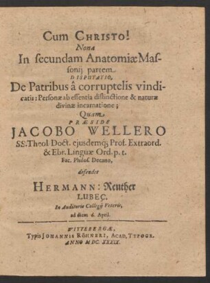 Nona In secundam Anatomiae Massonii partem ... defendet Hermann: Reuther