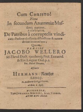 Nona In secundam Anatomiae Massonii partem ... defendet Hermann: Reuther