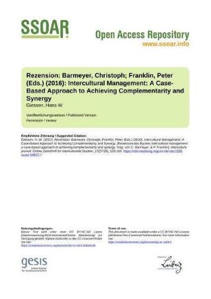 Rezension: Barmeyer, Christoph; Franklin, Peter (Eds.) (2016): Intercultural Management: A Case-Based Approach to Achieving Complementarity and Synergy