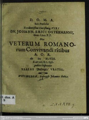 Johann. Erici Ostermanni ... De veterum Romanorum convivandi ritibus