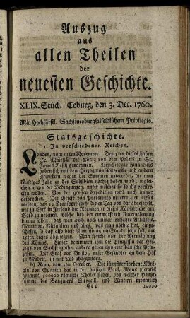 XLIX. Stück. Coburg, den 3. Dec. 1760.