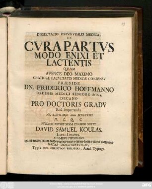 Dissertatio Inavgvralis Medica, De Cvra Partvs Modo Enixi Et Lactentis