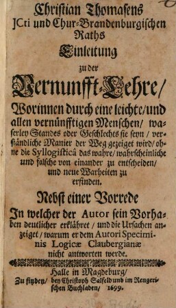 Einleitung zu der Vernunftlehre