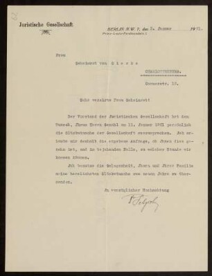 62: Brief von Arnold Seligsohn an Otto von Gierke, Berlin, 3.1.1921