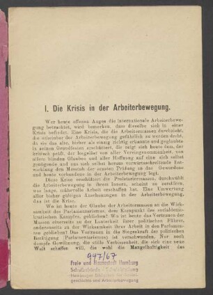 I. Die Krisis in der Arbeiterbewegung