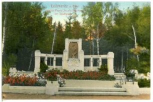 Leitmeritz. Kaiser-Franz-Josefs-Denkmal im Stadtpark : Leitmeritz. Denkmal für Franz Joseph I., Kaiser von Österreich (1908; Bronzerelief von Theodor Charlemont, Architektur von Steinmetz Josef Fiala) am Eingang zum Stadtpark