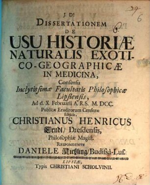 Diss. de usu historiae naturalis exotico-geographicae in medicina