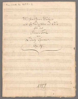 Weissmützen-Walzer, pf, op. 19, A-Dur - BSB Mus.Schott.Ha 4657-2 : [title page, p. 1] Weissmützen-Walzer // mit Introduction und Coda // für das // Piano-Forte // von // Ludwig Spamer. // Op. 19.