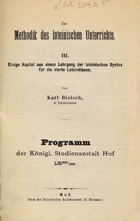 Zur Methodik des lateinischen Unterrichts, 3. Einige Kapitel aus einem Lehrgang der lateinischen Syntax für die vierte Lateinklasse