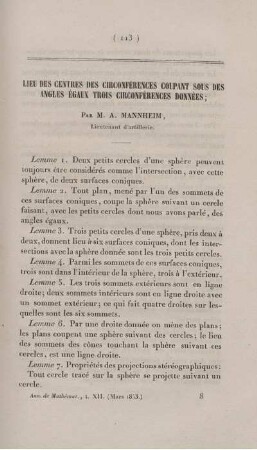 Lieu des centres des circonférences coupant sous des angles égaux trois circonférences données.