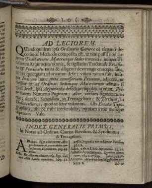 Index Generalis Primus, In Notas ad Ordinat. Camer. Revision. & Syndicatu; & Tennagelium.