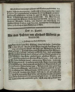 Das 20. Capitel. Wie man Pasteten von allerhand Wildprät zubereiten soll.