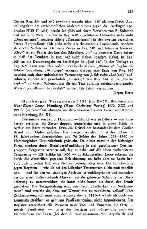 Hamburger Testamente 1351 bis 1400, bearb. von Hans-Dieter Loose, (Veröffentlichungen aus dem Staatsarchiv der Freien und Hansestadt Hamburg, 11) : Hamburg, Christians, 1970