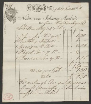 [Rechnung] Nota von Johann André : 14.11.1811