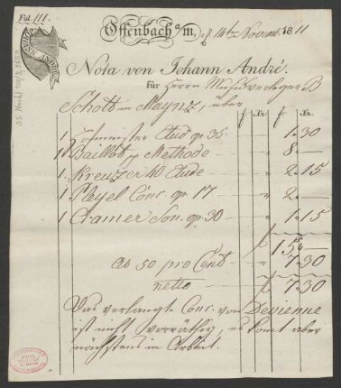 [Rechnung] Nota von Johann André : 14.11.1811