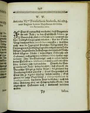 W.W. Articulus VI.tus Transactionis Stadensis, Ao. 1654. [...]