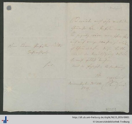 Nachlass Carl Ritter (NL 33/59) : Brief von Carl von Clausewitz an Carl Ritter