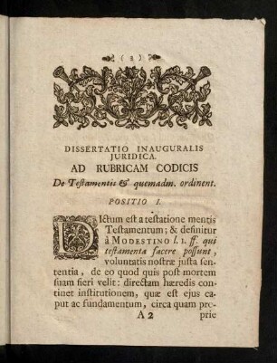 3-24, Dissertatio Inauguralis Juridica. Ad Rubricam Codocis De Testamentis & quemadm. ordinent. Corollaria.