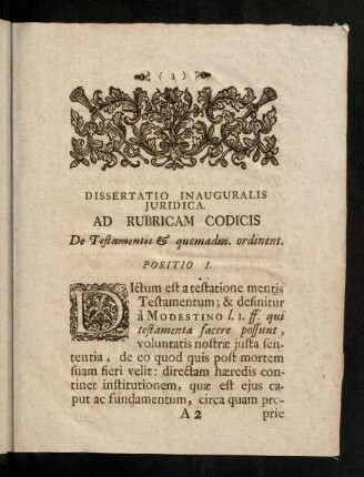 3-24, Dissertatio Inauguralis Juridica. Ad Rubricam Codocis De Testamentis & quemadm. ordinent. Corollaria.