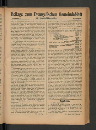 Beilage zum Evangelischen Gemeindeblatt für Deutsch-Südwestafrika. Nummer 4. April 1913