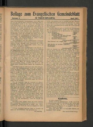 Beilage zum Evangelischen Gemeindeblatt für Deutsch-Südwestafrika. Nummer 4. April 1913