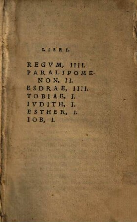 Biblia Sacra : Iuxta uulgatam editionem ad uetustißima exemplaria castigata. [2], Libri Regum, IIII. Paralipomenon, II. Esdrae, IIII. Tobiae, I. Iudith, I. Esther, I. Iob, I