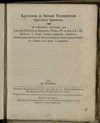 Specimen 5: Lectionum in Novum Testamentum. Specimen 5