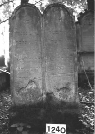 Grabstein 1240 (Index: 99900037) Material: Sandstein Zustand: unten stark verwittert Maße HxBxT: 135x70x11 cm Beschreibung: aufgesockelte Stele mit doppeltem Konvexbogenabschluss, Doppelgrabstein Besonderheit: Kinderdoppelgrab für zwei Brüder: Grabstein 1240
